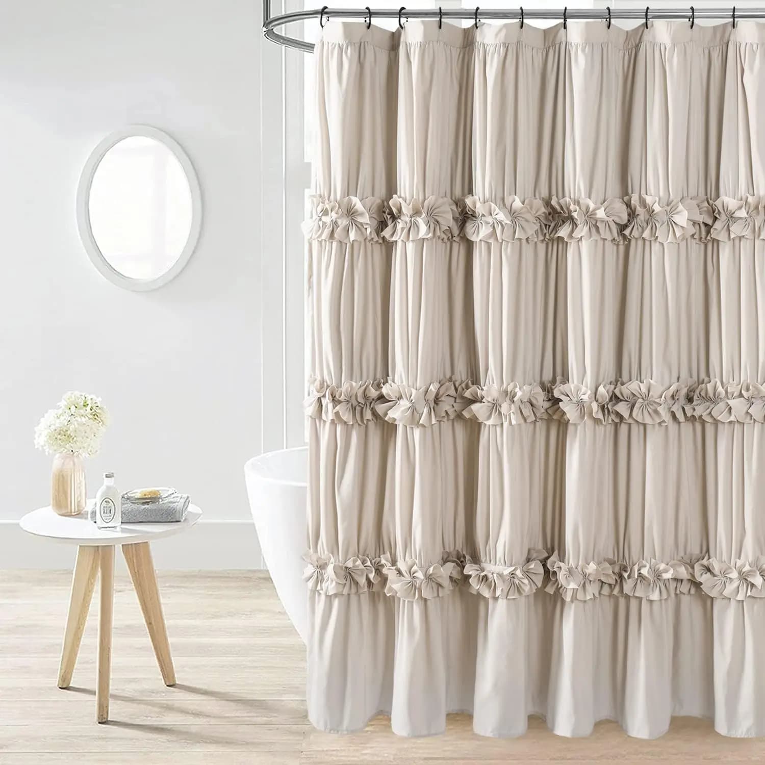 Vintage Camel Ruffle Shower Curtain, Handcrafted Bow Tie Ruched Microfiber, 72x72 Inches, Opaque
