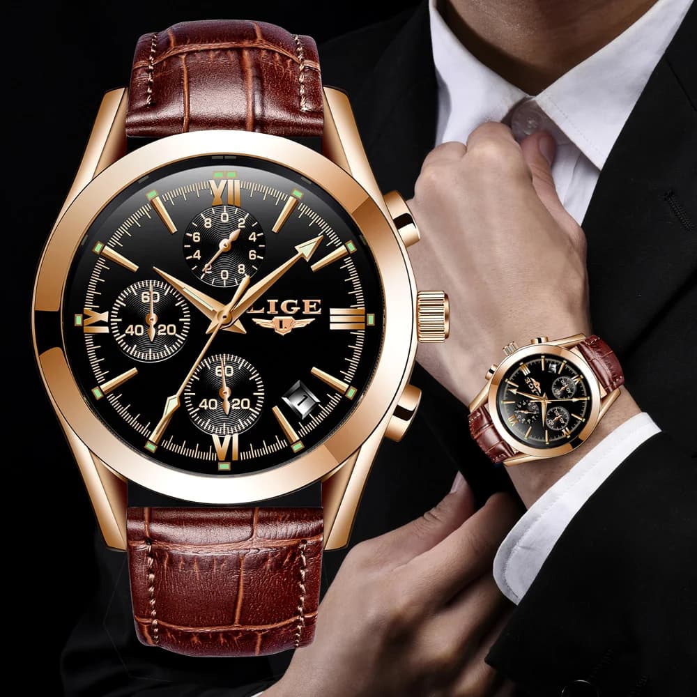 LIGE Fashionable men's watches Luxury military quartz watch from the best brands for men Waterproof casual sports chronograph leather New