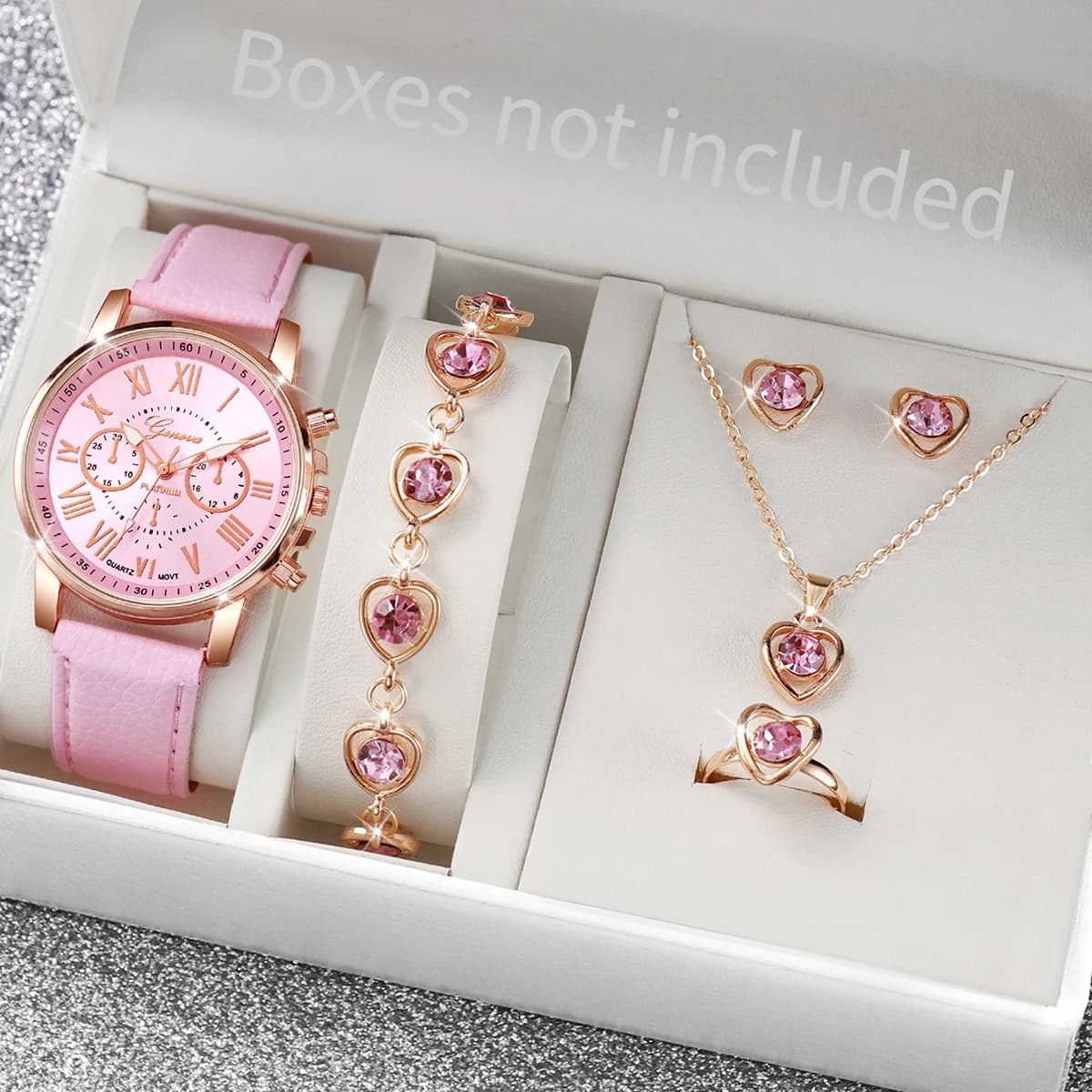 6 pcs/set fashionable woman quartz watch leather strap analog wrist watches jewelry set with heart-shaped rhinestones (without box)