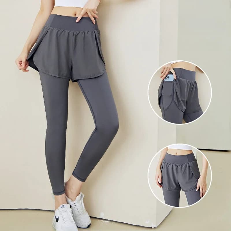 Pantaloni da yoga da palestra da donna Pantaloncini Legging Falsi 2 pezzi Pantaloni sportivi da corsa con tasca per telefono Collant da allenamento fitness all'aperto ad asciugatura rapida