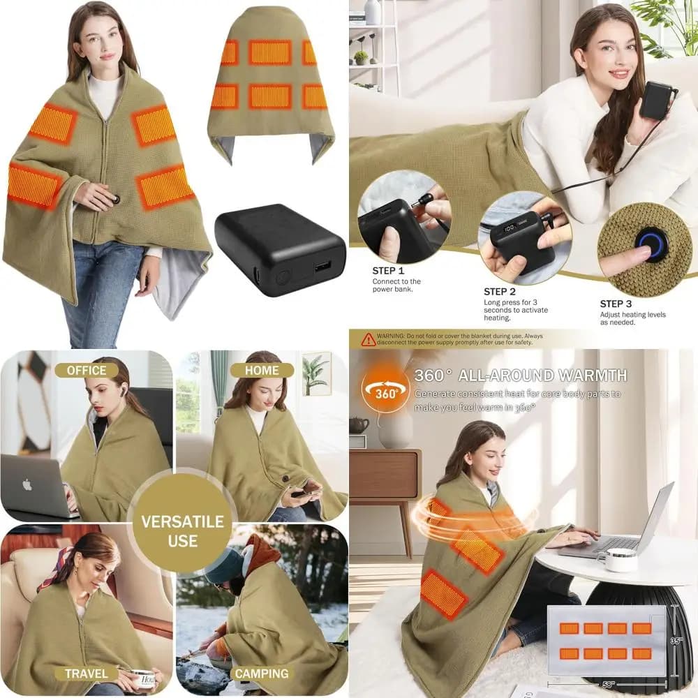 Coperta riscaldata portatile senza fili, 58x32 verde e grigio, 3 impostazioni di temperatura, Power Bank da 20000 mAh, ideale per interni ed esterni