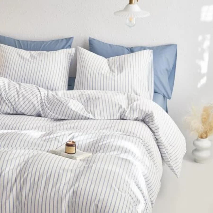 - Striped Cotton Duvet Cover Set, Ticking Stripe Vertical Pinstripe Farmhouse, 100% Washed Cotton Textured Bedding Set, 3 Piece