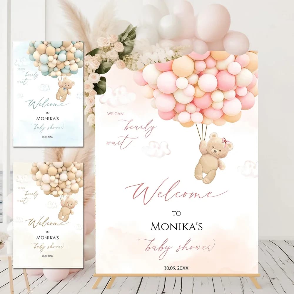 Teddy Bear Baby Shower Cartello di benvenuto Poster Personalizzato Blu Rosa Marrone 3 colori Stampa artistica su tela Pittura Decorazioni per feste di compleanno per bambini