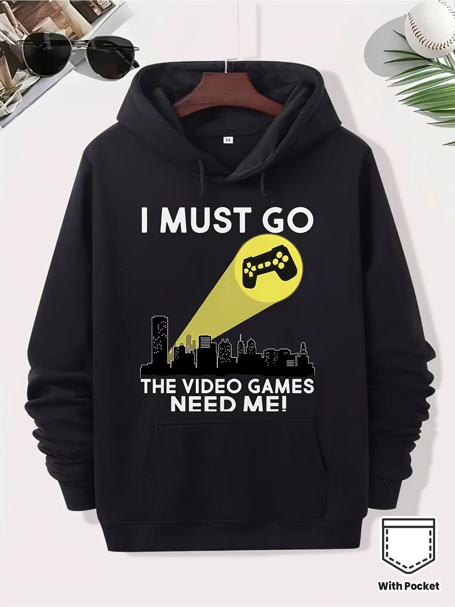 1 Men's Game Graphic Hoodie, Designed "I Have To Go Video Games Need Me" - Black, White Letters and Game Controller Print, Streetwear Casual Jumper,