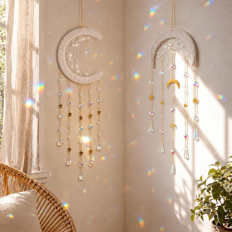 Hand Woven Crescent Moon Dreamcatcher Crystal Suncatcher Star Pendant Boho Wall Hanging Home Decor Gift