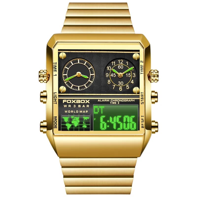 FOXBOX Men's Luxury Brand Men's Watch Military Sports Watches Waterproof men's watch with double digital analog steel display