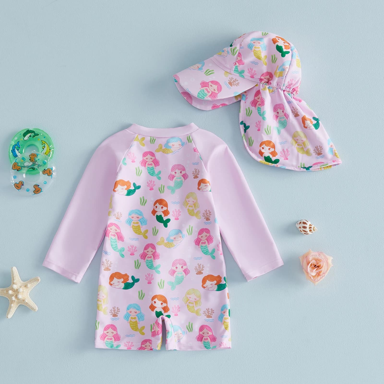 Baby swimsuit with sun protection, fish tail, with duck print, zipper, long sleeves and swim hat