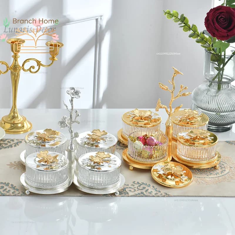 Luxury metal candy jar - glass storage container for living room, coffee table snacks & dried fruit