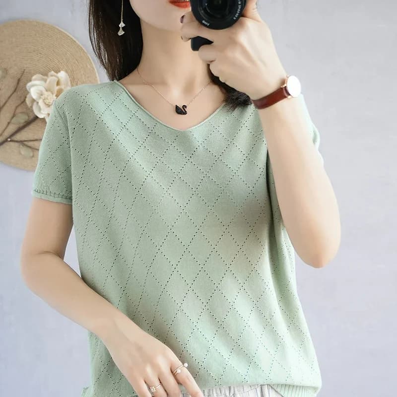 100 Percent Cotton Knitted Short Sleeve Solid Color Loose Summer V Neck Hollow Tee Comfortable Skin Friendly Fashionable Top2026