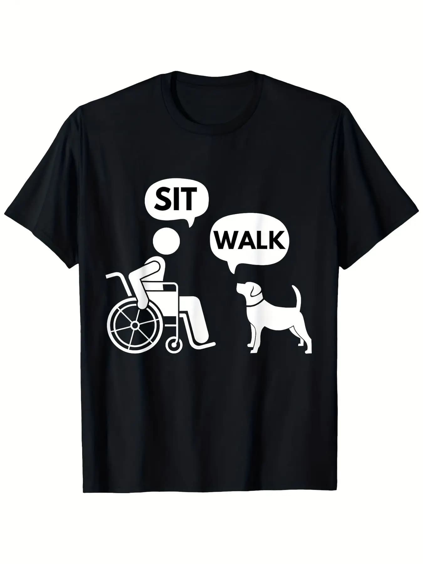 T-shirt da uomo con motivo SIT WALK in nero, design SIT WALK bianco, stampe di sedie a rotelle e cani da servizio