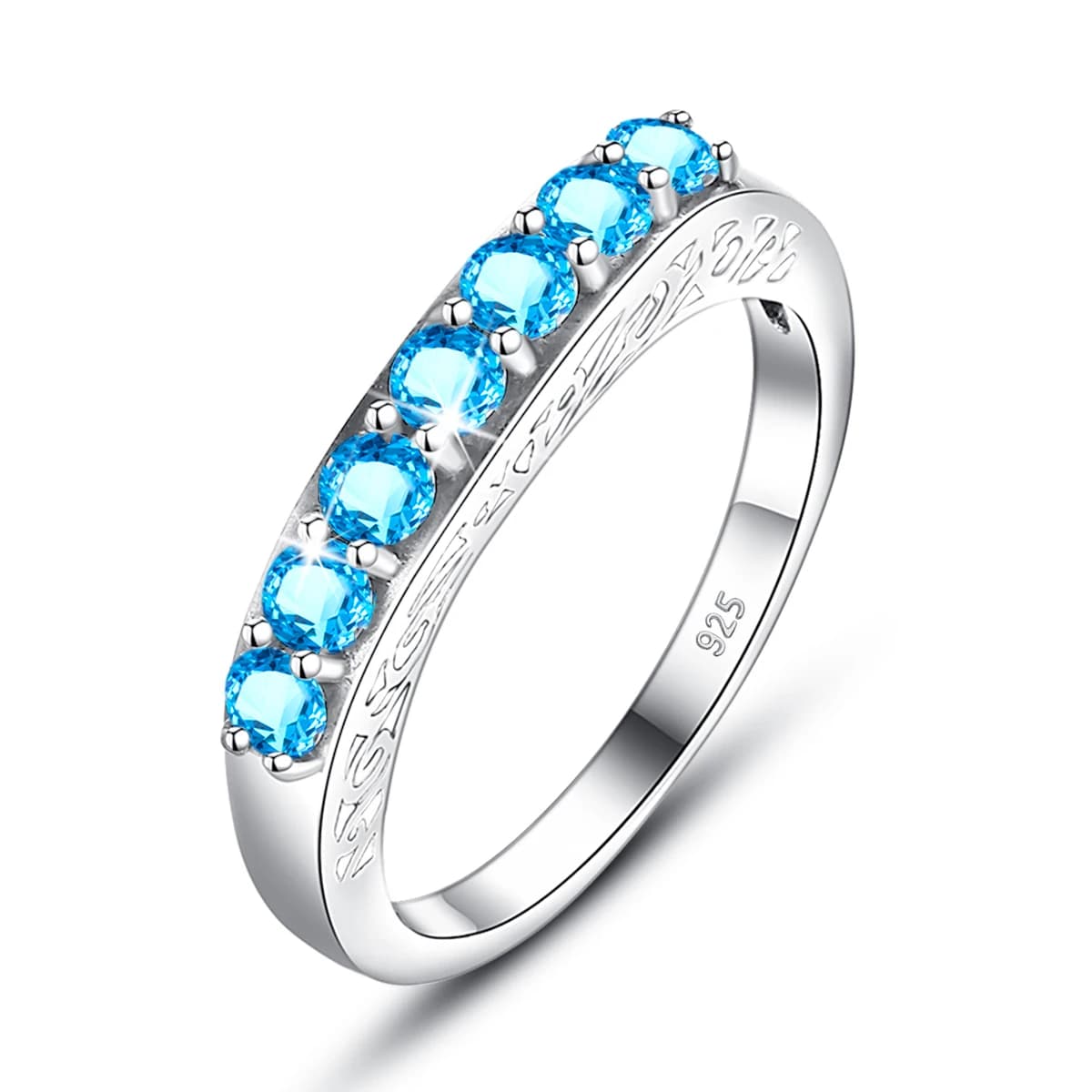 Anello in Argento Sterling 925 con Topazio Blu Naturale, Fascia Semi-Eternity a 7 Pietre, Anello Impilabile per Matrimonio e Fidanzamento, Gioielli Raffinati per Donne