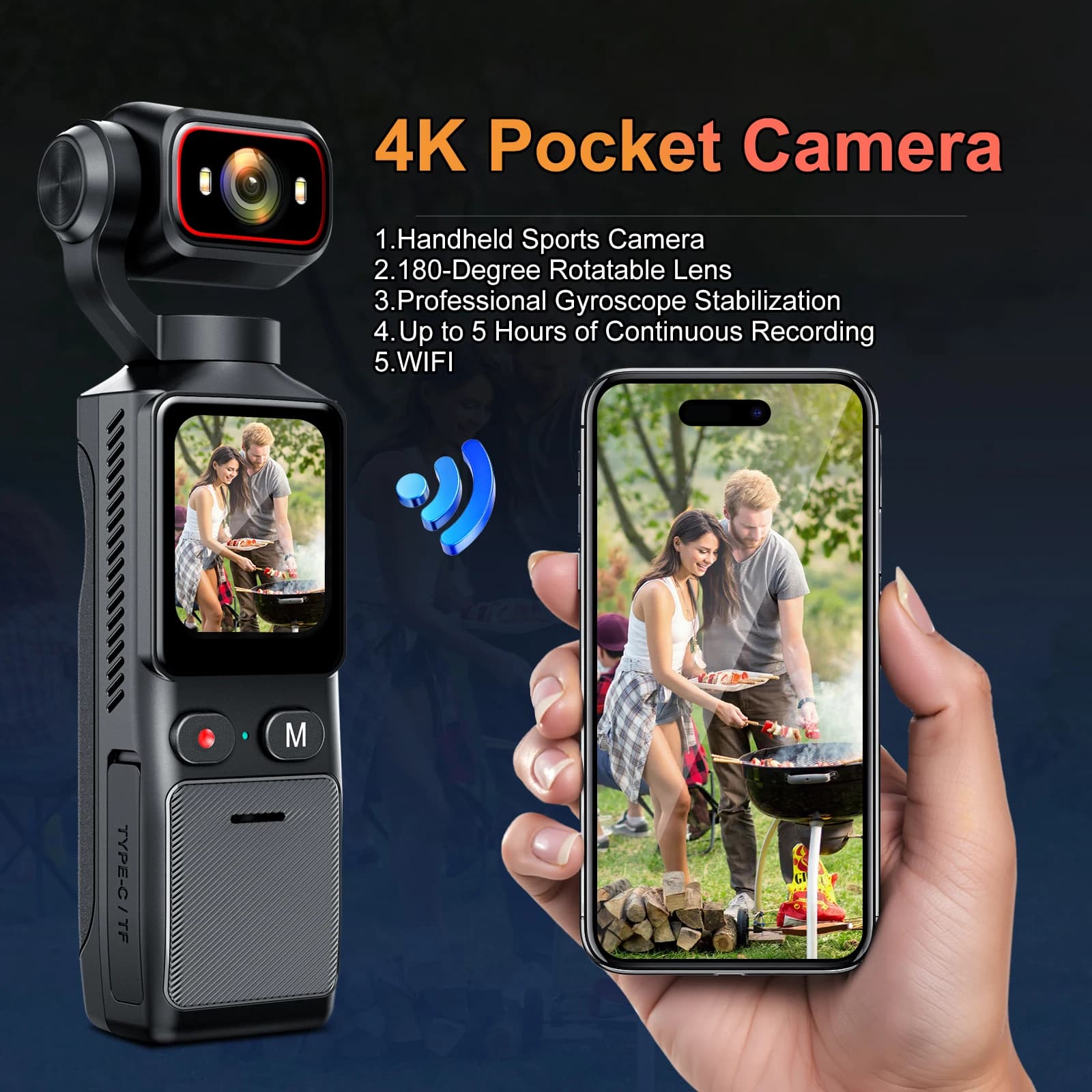 Action Camera 4K WiFi Touch screen IPS from 1,69 inch Rotatable 180-degree lens Portable EIS Camera for outdoor sports