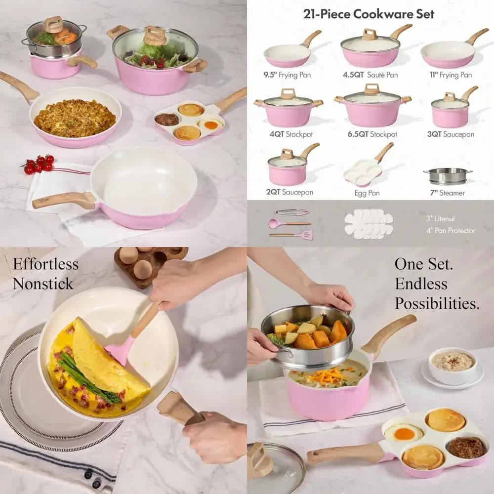 Set di Pentole Antiaderenti da 21 Pezzi con Padella, Compatibile con Induzione, Utensili da Cucina Rosa