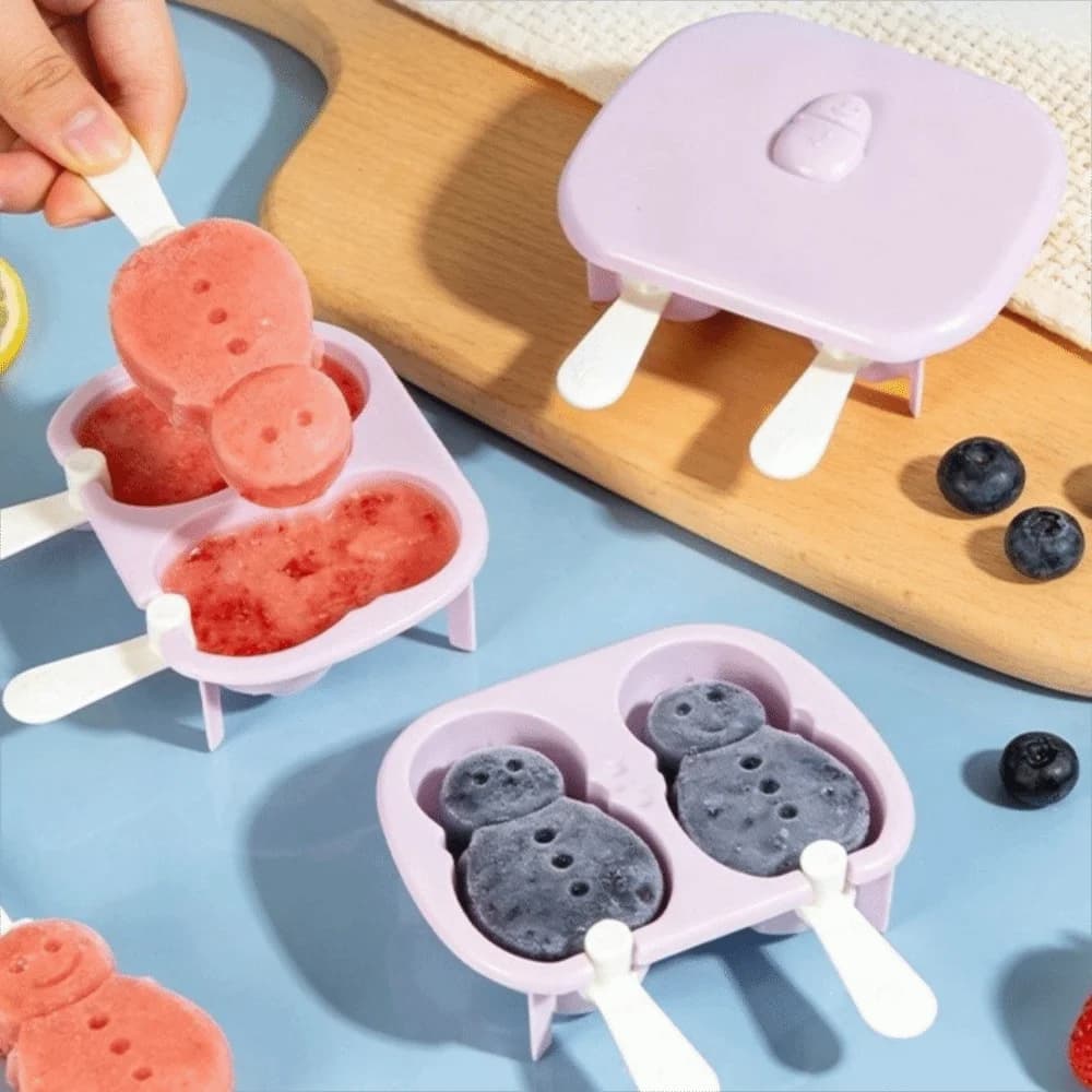 Stampo per gelato a forma di pupazzo di neve con bastoncini, antiaderente, con coperchi, facile da usare, per cubetti di ghiaccio, frullati di frutta per bambini