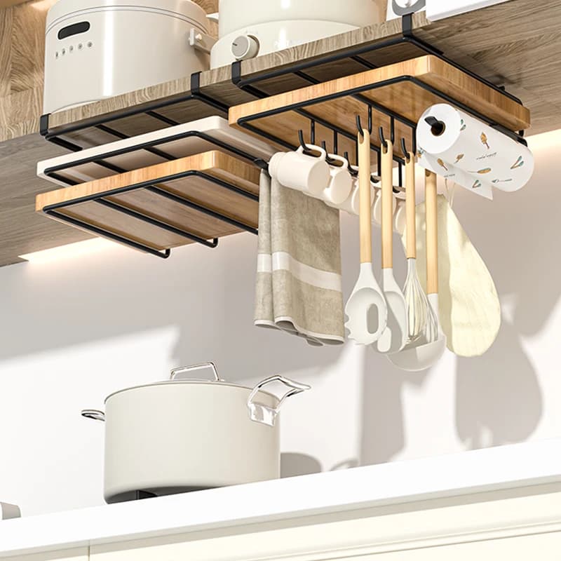 Scaffale sospeso sotto l'armadio da cucina, scaffale per organizzare l'arte in ferro per la casa, scaffale per tagliere, gancio, portaoggetti per coperchio della pentola