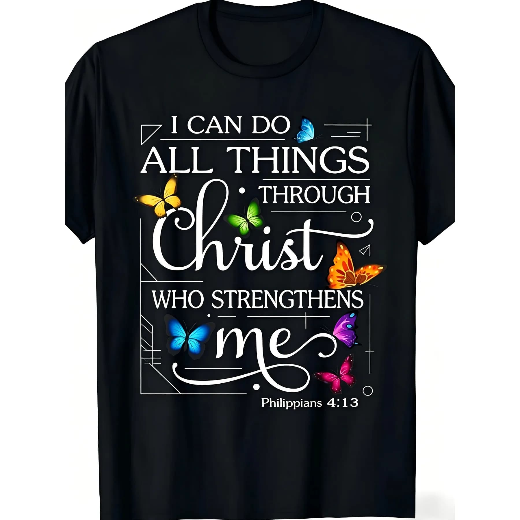 Christ Strengthens Me Butterfly Graphic T-Shirt Men's Cotton Round Neck Casual Print