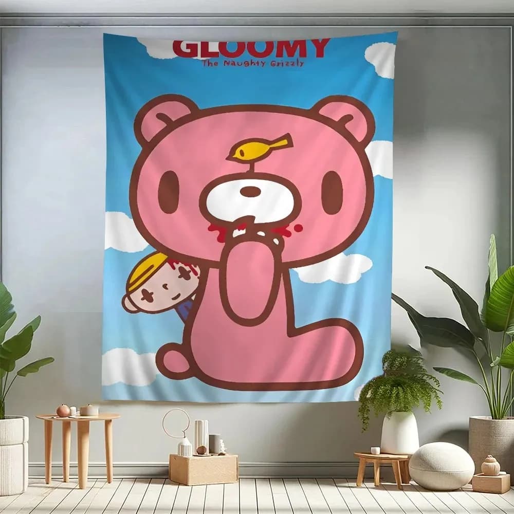 VIKAMA Gloomy Bear Cartoon Tapestry Wall Hanging Hippie Flower Room Decor Aesthetic for Bedroom Dorm