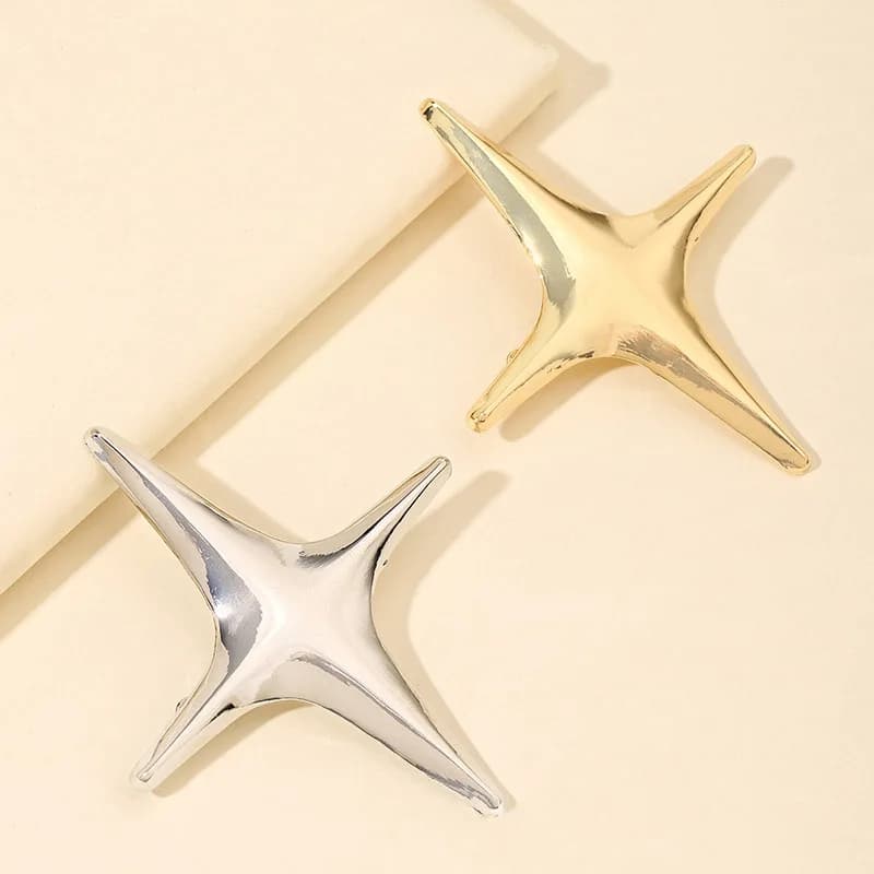 Minimalist Polished Metal Four Pointed Star Brooch, Gold & Silver Geometric Quad Star Lapel Pin, Simple Smooth Star Statement Jewelry Accessory for Women Jackets, Scarves and Hats