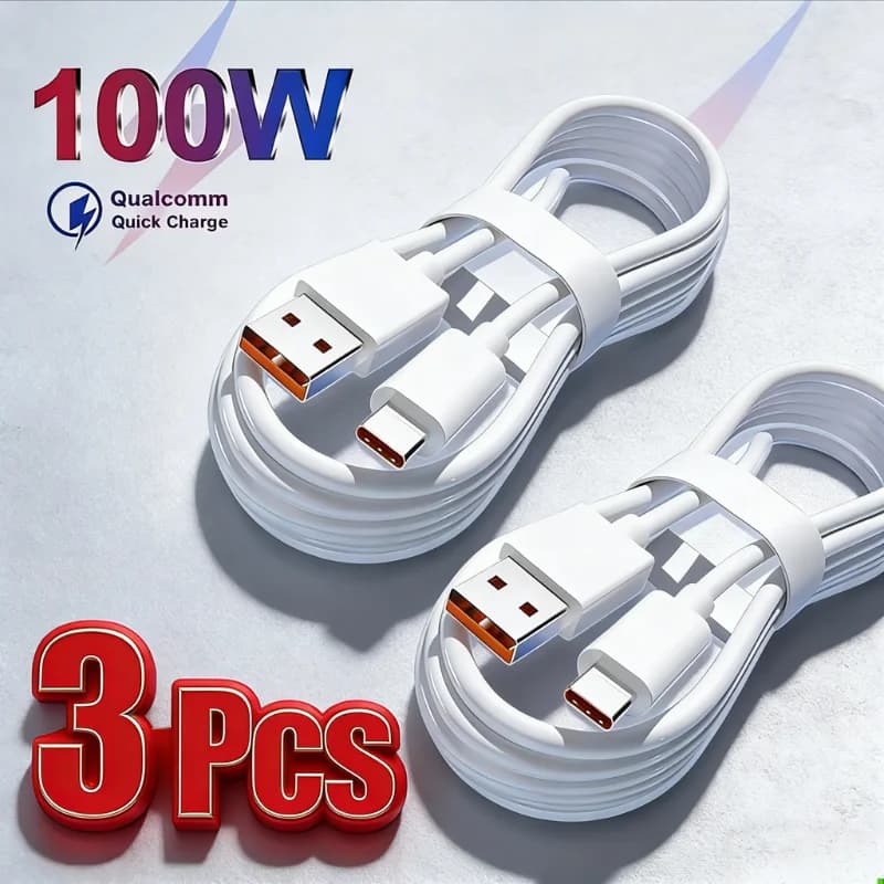 3 piece USB C fast charging cable, 6A 100W, C-type nylon braided cable for Huawei, Samsung, Xiaomi, Redmi, Android phones, data sync cable