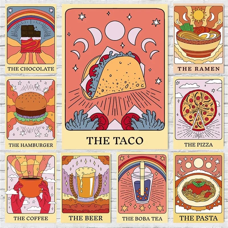 Tarot Card Beer Drink Taco Pizza Hamburger Poster Print Wall Art Pictures Canvas Painting Living Room Restaurant Home Decor G