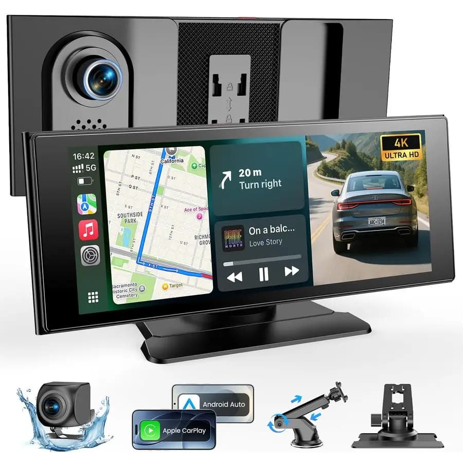 Car wireless playback screen, 10.26 monitor with Apple Carplay Android Auto amplifier, Dash Cam 4K 64G, 1080P backup camera, Portable Smar