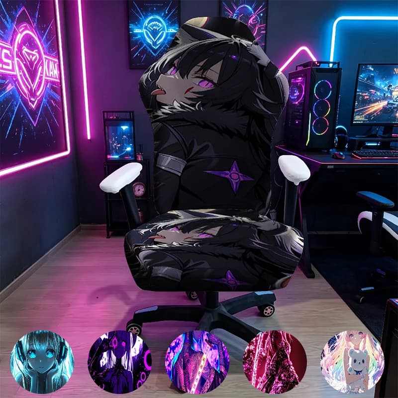 Dark Anime Girl Purple Eyes Gaming Chair Cover, Stretch Elastic Anti-Scratch Slipcover for Gamer & Office Chair