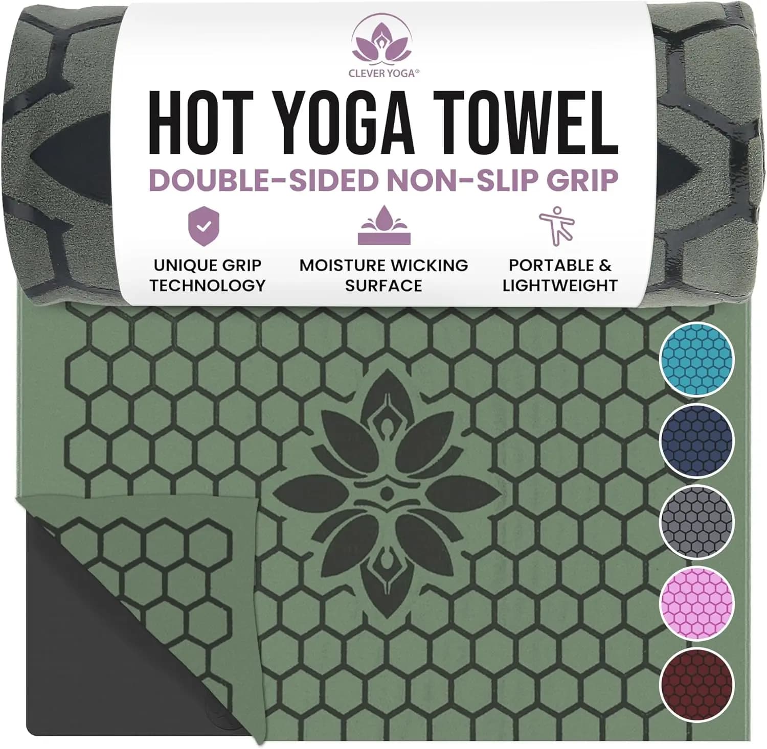 Anti-slip Carpet for Hot Yoga with Nido d'Ape Grip, Absorbent, Washable and Lightweight for Pilates and Travel - Green Oliva