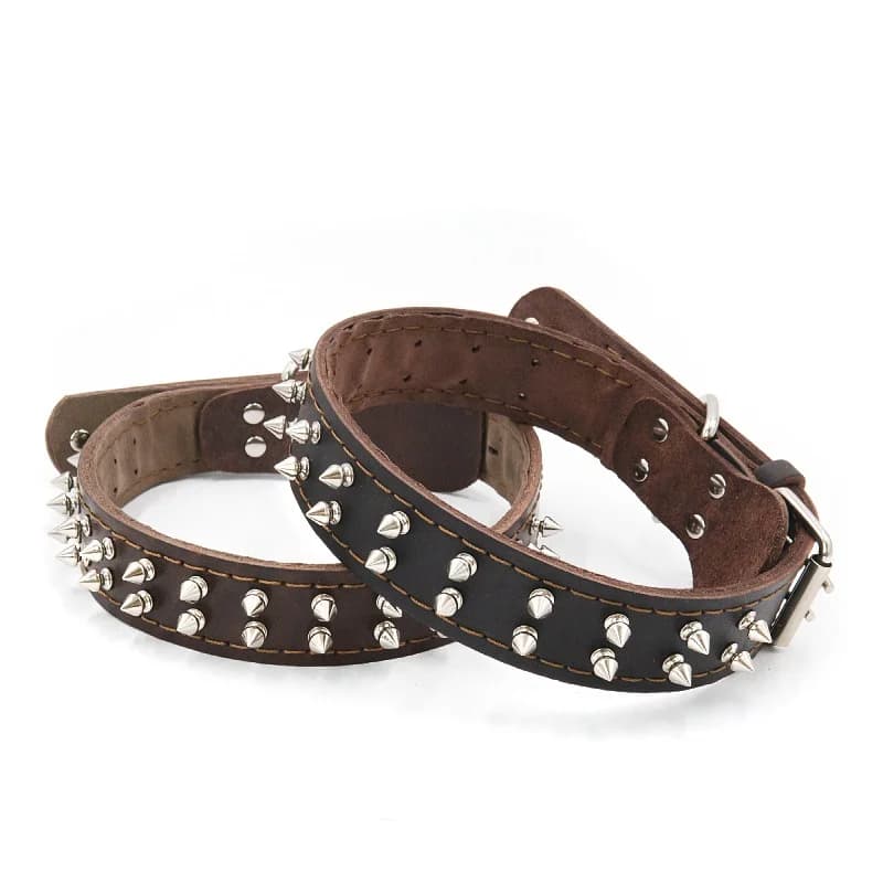 Collare per cani regolabile con collare per animali domestici con borchie in vera pelle con doppia fila di borchie Collare rivettato in pelle di vacchetta Collare in pelle per cani