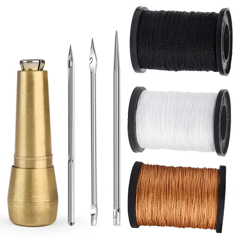 Kit da cucito in pelle ago da cucito con punteruolo in pelle fai da te con manico in rame Set di scarpe da tenda in tela di pelle strumento di riparazione filo di Nylon