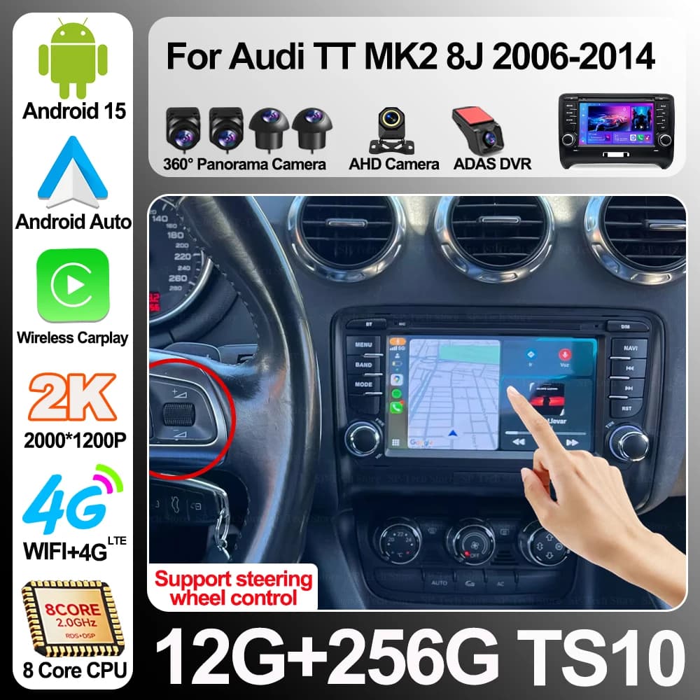 Autoradio Android 16 per Audi TT Mk2 8j 2006-2014, Lettore Multimediale con GPS, Mirror Link, Schermo Touch, RDS, 5G