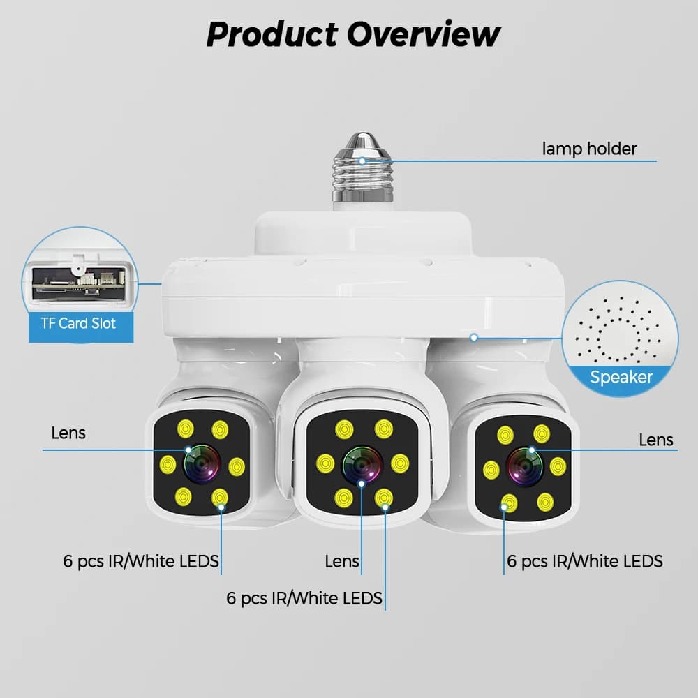 Intelligent security camera with 15 MP 360 ° PTZ Lens triple light bulb Auto Tracking 15MP 9MP Night vision WiFi Waterproof CCTV 3 screen display