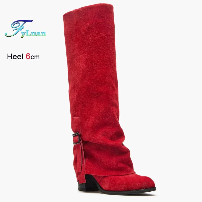 Stivali lunghi al ginocchio in pelle scamosciata con tacco alto da 6 cm Stivali da donna con punta tonda stile occidentale Stivali da gambe Cavaliere Scarpe rosse Taglia 35-43