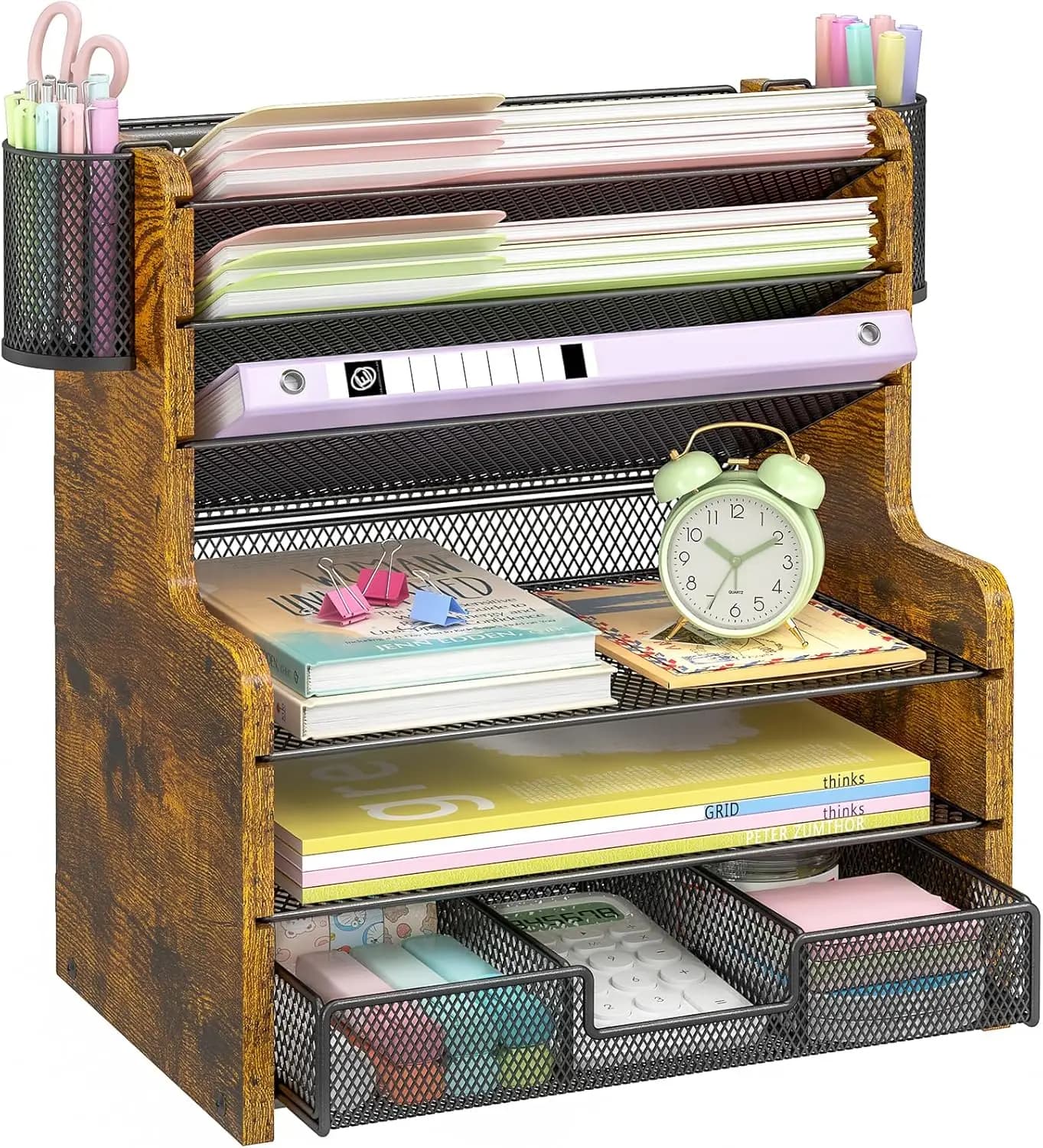 Organizzatore da Scrivania a 6 Ripiani in Rete con Cassetto, Portadocumenti in Legno per Ufficio - Salvaspazio