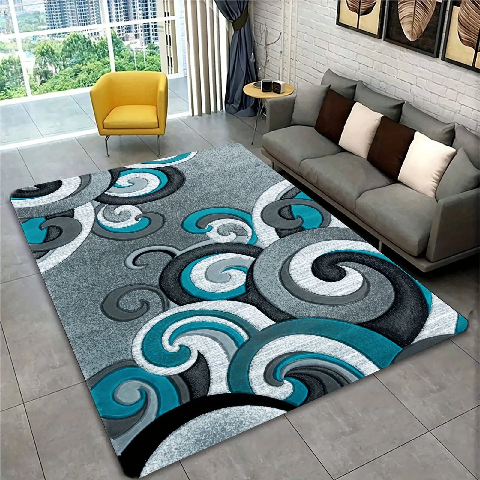 Non-Slip Swirl Pattern Area Rug for Yoga Room Bedroom Living Room Bathroom - Modern Washable Home Decor in Blue-Grey