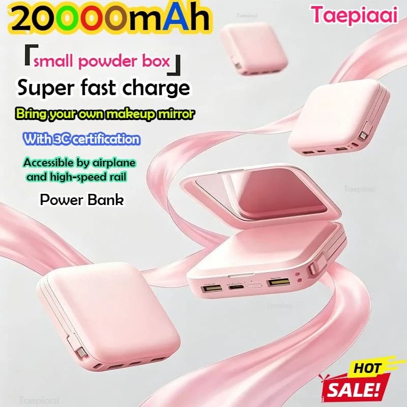 Taepiaai 20000mAh Power Bank Fast Charging with Makeup Mirror External Battery Portable for IPhone 17 16 14 Samsung Huawei