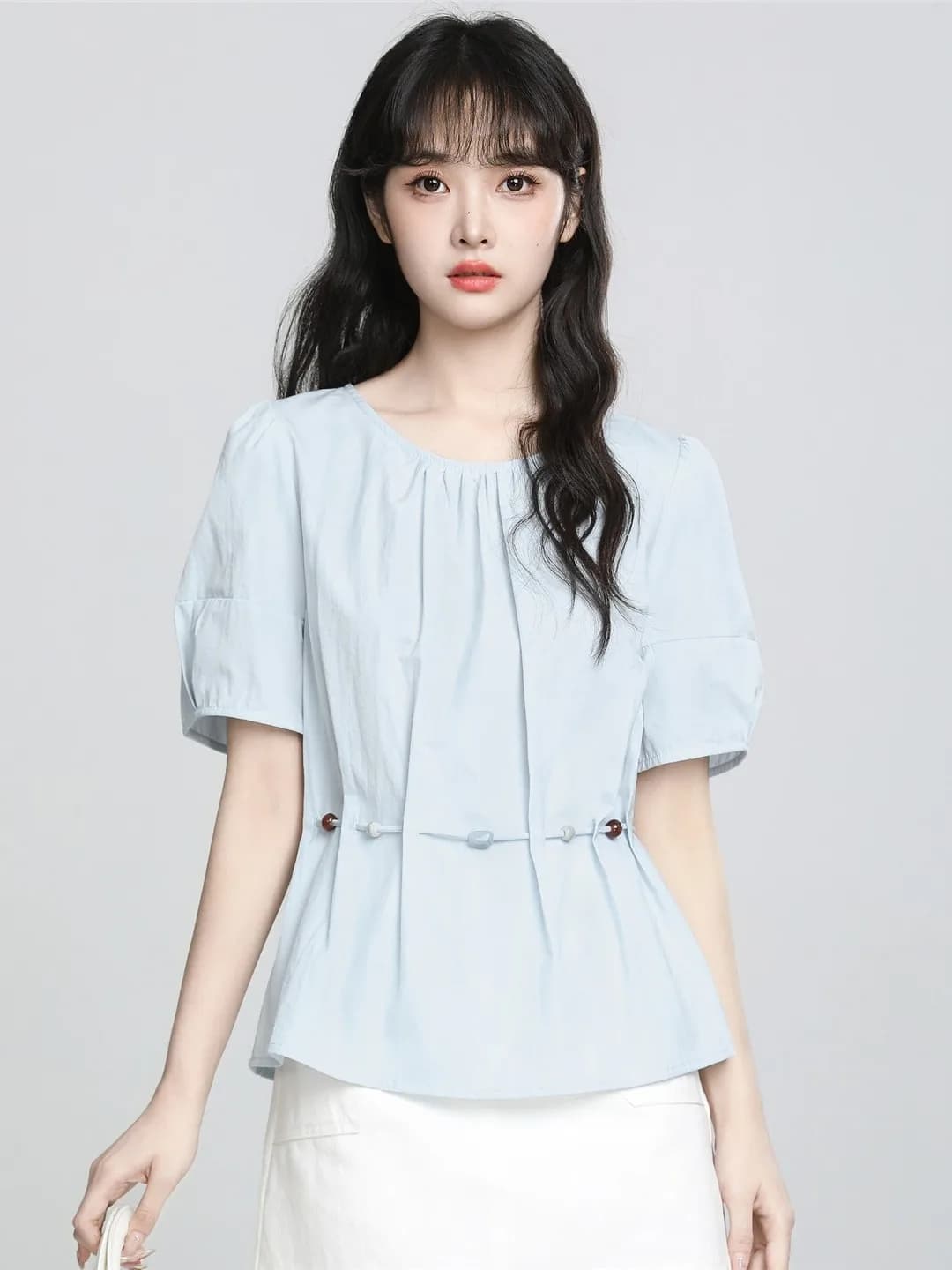 Blue round Neck Short Sleeve Shirt Women's Summer Design Sense Belted Waist Bubble Sleeve Blouse Korean Style Loose Fit Shirt