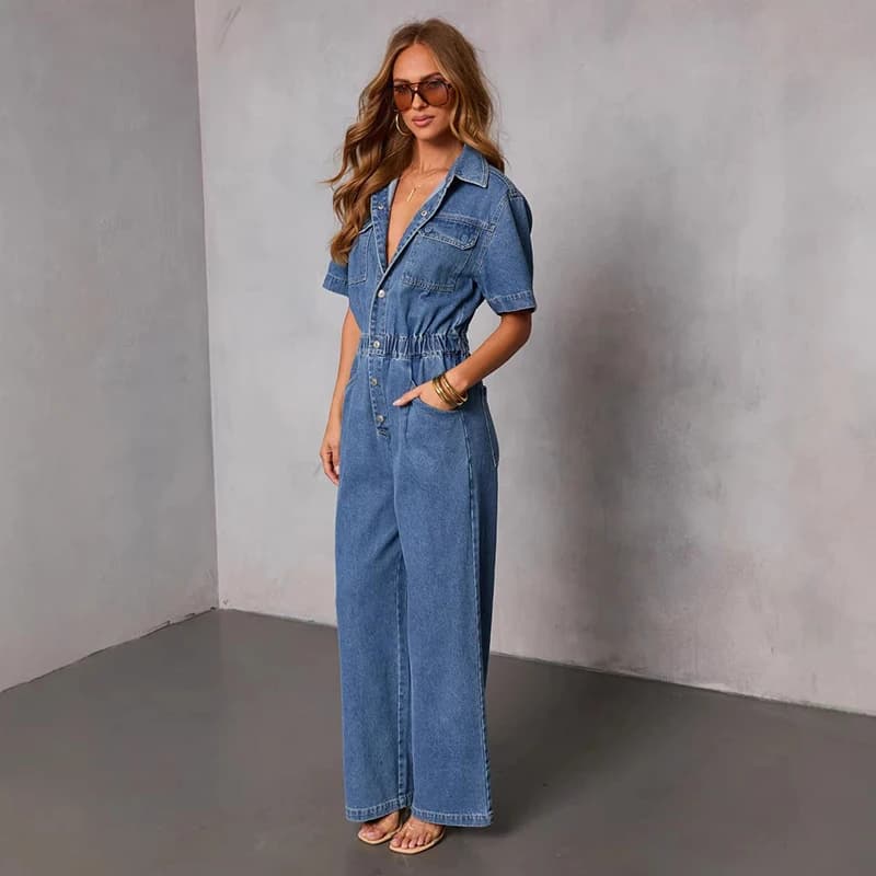 Women's Court Sleeve Retro Denim Suit, Summer Trend, With Revolved Collection, High Life, Casual Streetwear Style with Pockets