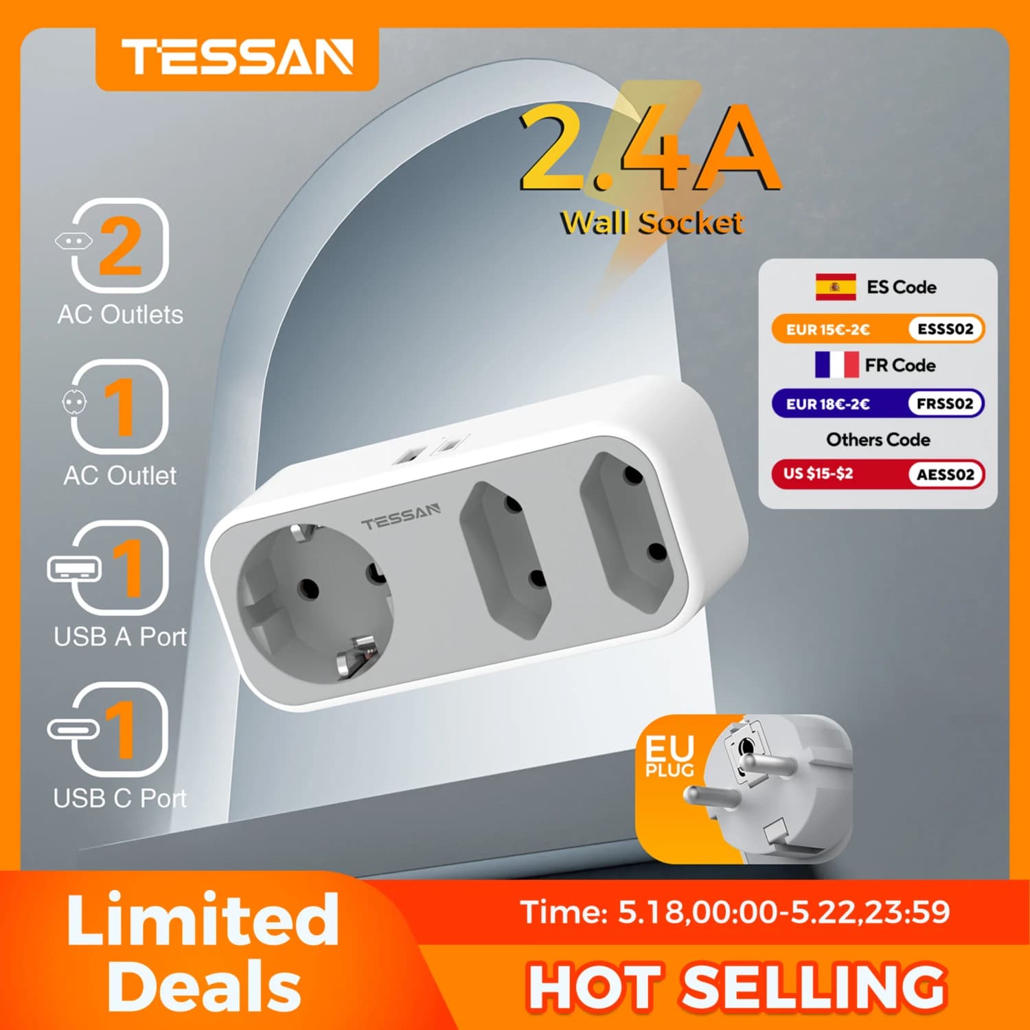 Presa multipla TESSAN con 3 prese + 1 porta USB + 1 tipo C Adattatore presa a muro con presa europea con protezione da sovraccarico