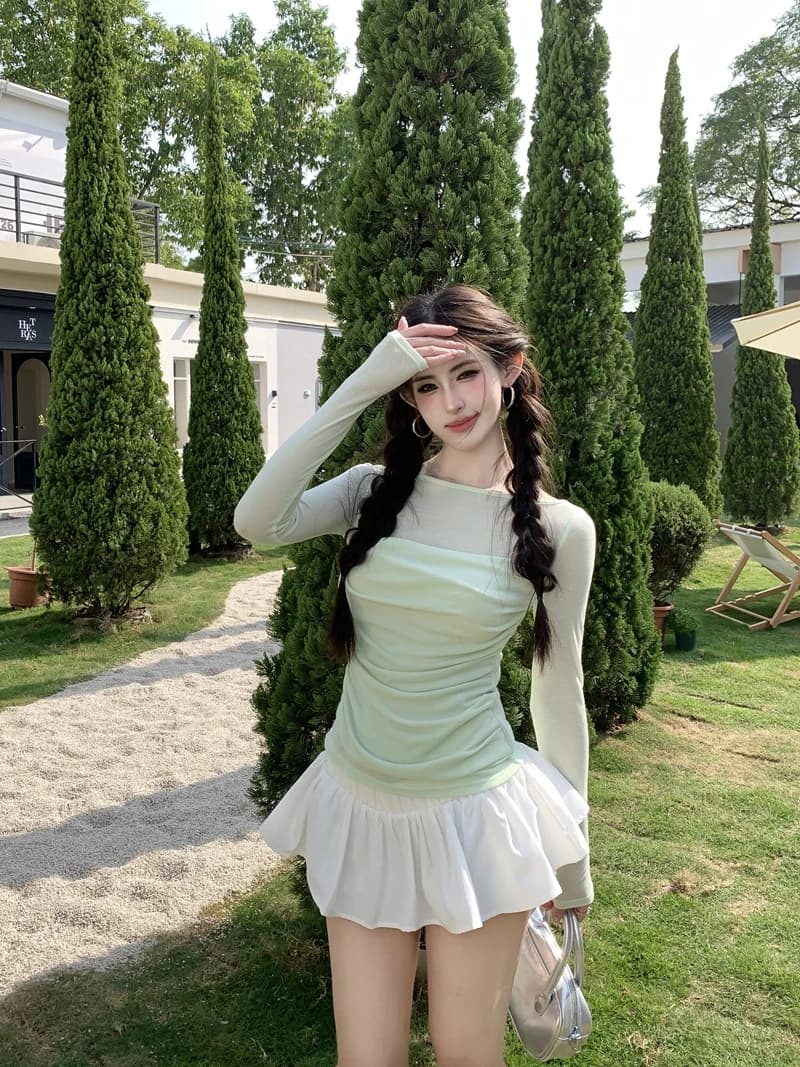 Elegant Blue Long Sleeve T-Shirt Women's Slim Fit Cotton Top Pure Desire Splice Neck Design Autumn Fashionable Base Shirt