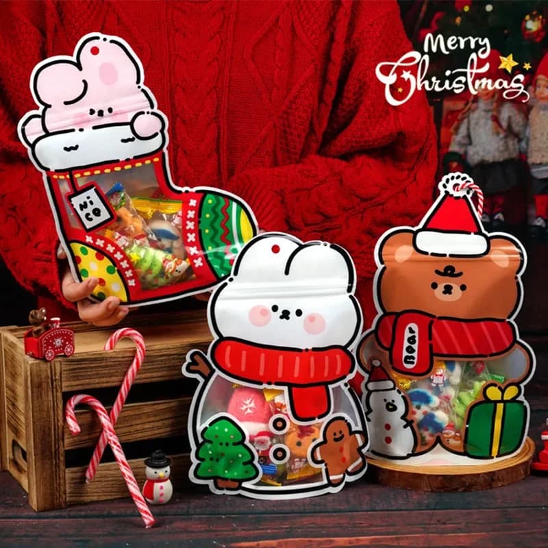 10 pezzi di calzini natalizi per cartoni animati, sacchetti regalo per feste, caramelle per bambini, biscotti, confezioni autosigillanti, decorazioni natalizie per le vacanze