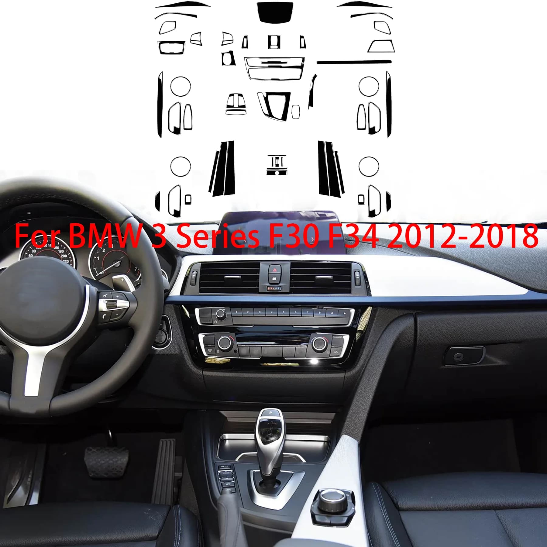 Kit Completo di Parti e Accessori per Tuning e Rivestimento per BMW Serie 3 F30 F34 2013 2014 2015 2016, Adesivi Neri Lucidi per Interni Auto