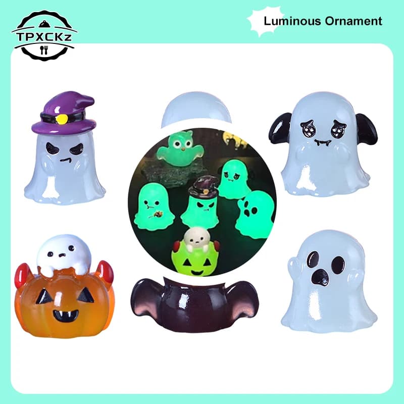 6 pezzi/set luminoso ornamento di Halloween cartone animato gufo fantasma zucca bambola micro paesaggio decorazione casa delle bambole giocattolo in miniatura