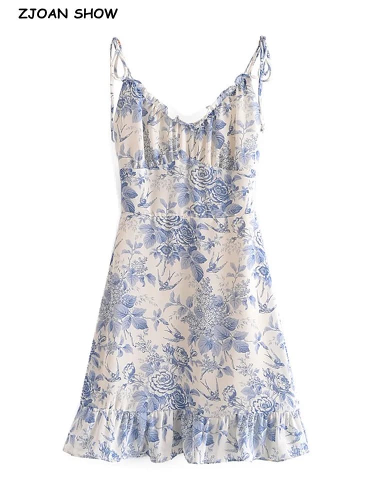 Retro stile francese Estate Blu Bianco Stampa floreale con rondine Increspato Fasciatura con cinturino Mini abito Sexy Ruffles Hem Allacciatura Sling Robe