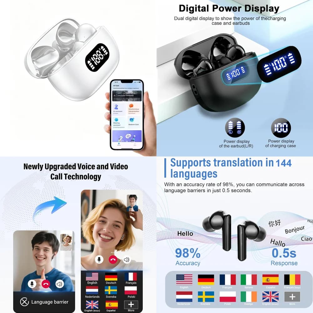 Auricolari Wireless con Traduzione Linguistica AI in Tempo Reale, Chiamate Nitide, Cuffie TWS BT 5.4 con Display LED - Di Tendenza