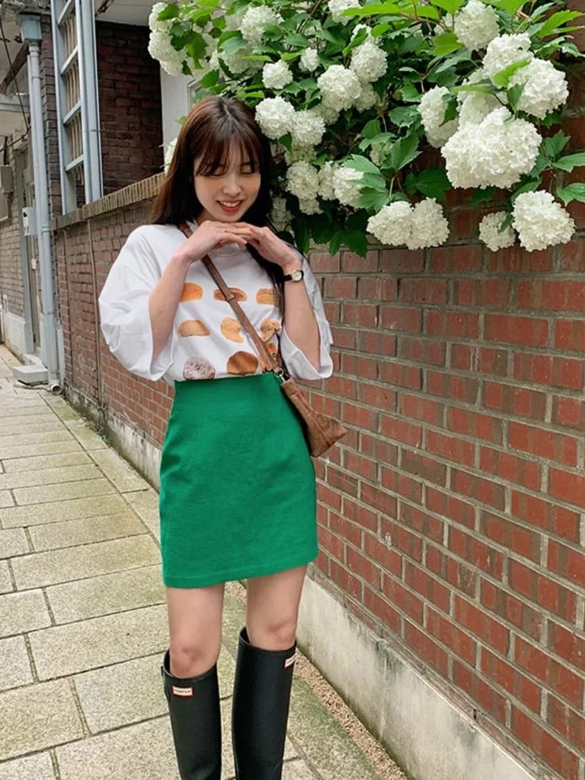 Cute Bread Pattern White T-Shirt Mint Wave A-Line Skirt Korean Style Women's Spring Summer Autumn Winter Clothing