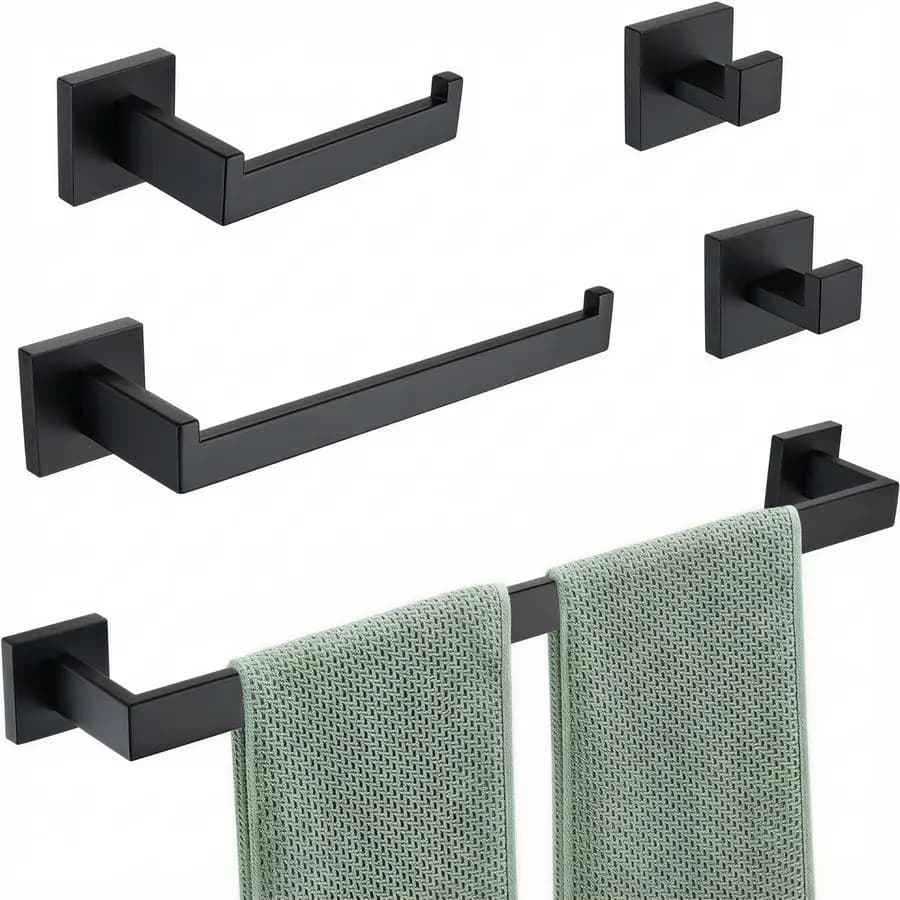Set di accessori per il bagno in acciaio nero opaco da 5 pezzi, portasciugamani e portasciugamani a parete in acciaio inossidabile SUS304 resistente, 23.6I