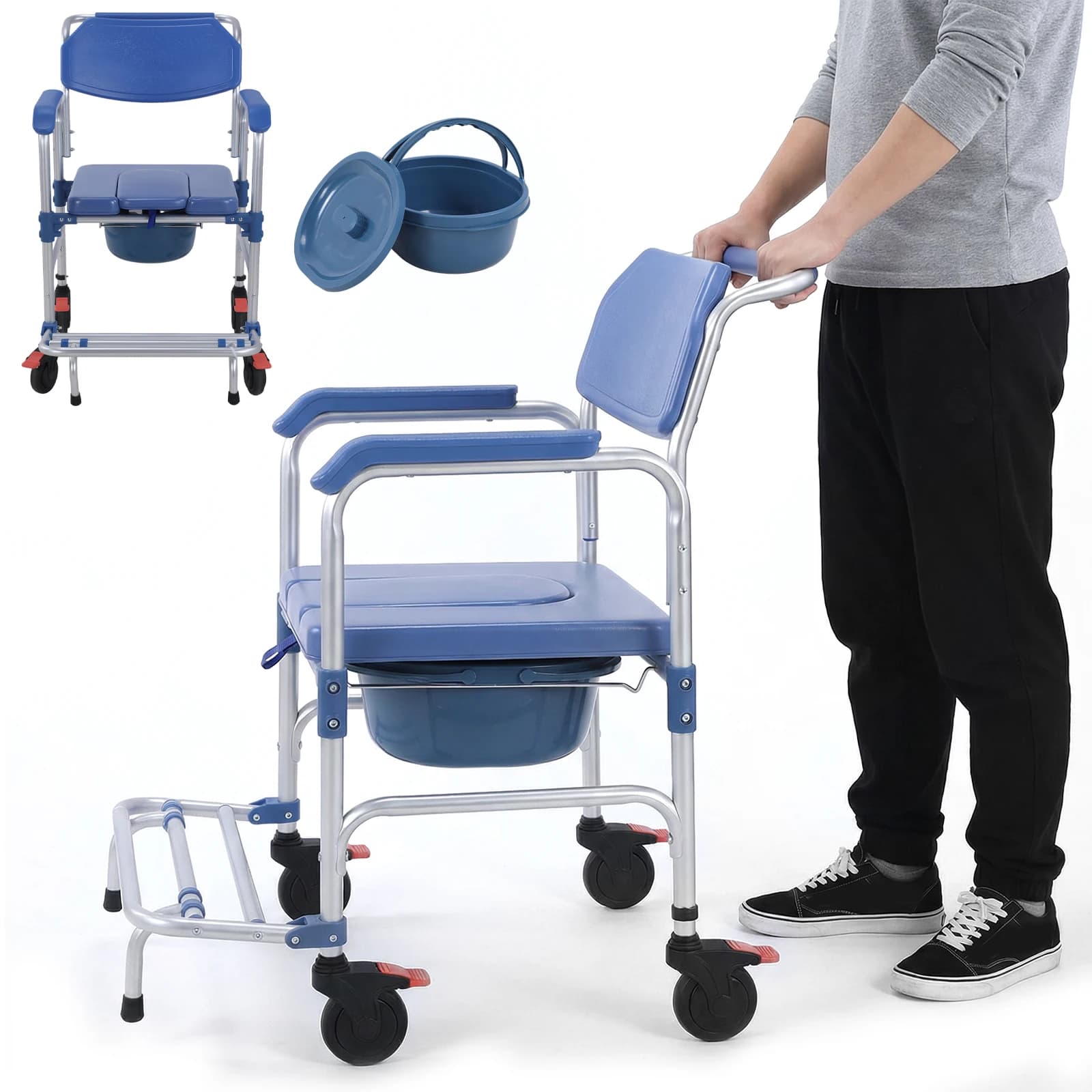 Sedia da doccia pieghevole 3 in 1 con ruote, sedia comoda per doccia, sedia a rotelle anti-ribaltamento, poggiapiedi pieghevole, supporta fino a 330 libbre, secchio rimovibile