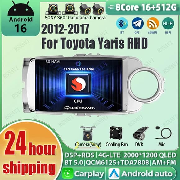 Android 15 Carplay Auto Qualcomm 2K QLED Schermo Lettore di Autoradio Per Toyota Yaris 2012-2017 GPS Multimediale Stereo DSP BT 4G Wifi
