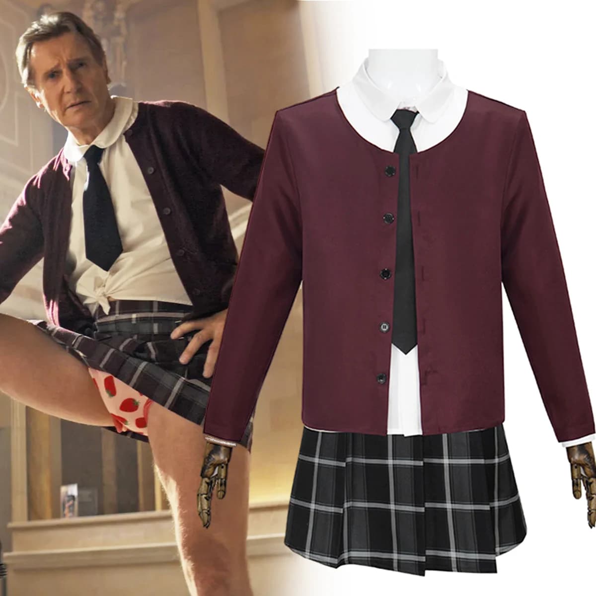 The Naked Gun 2025 Frank Drebin Jr. Men Cosplay Minigonna scozzese Abiti per adulti Liam Neeson Movie Travestimento Costume da scolaretta