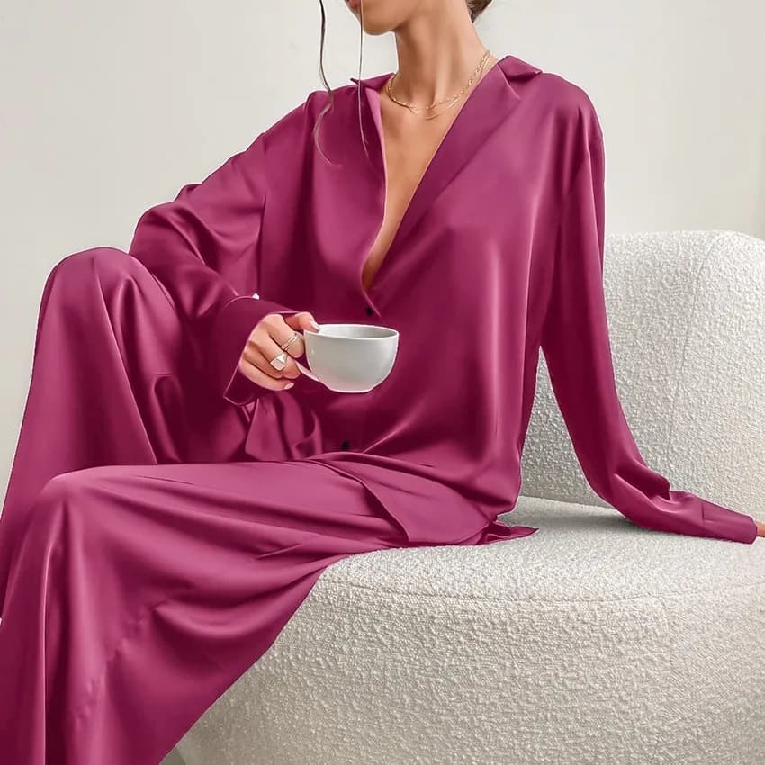 Women Shirt Pants Set Loose Lapel Long Sleeve Loose Single-breasted Wide Leg Straight Soft Lady Spring Pajama Homewear Suit